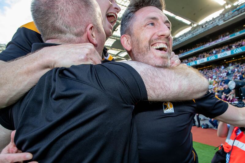 Kilkenny manager Derek Lyng celebrating at the final whistle in Croke Park. Photograph: Morgan Treacy/Inpho