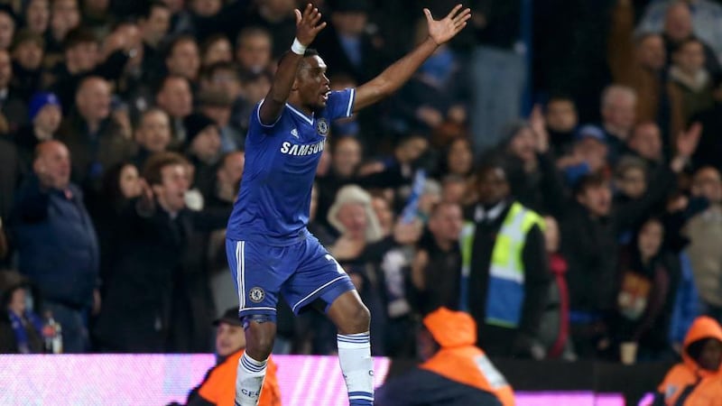 Chelsea’s Samuel Eto’o appeals to the referee for his effort to stand after tapping in after West Ham United goalkeeper Adrian put the ball down for a goal-kick, during the  Premier League match at Stamford Bridge. Photograph: John Walton/PA Wire