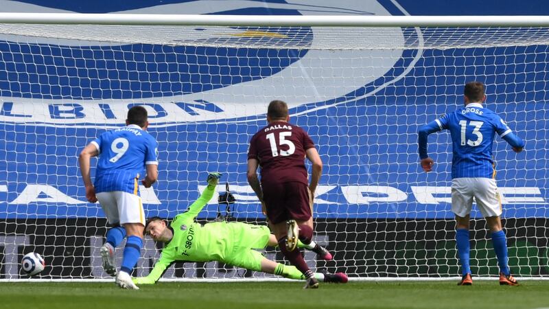 Brighton and Hove Albion’s Pascal Gross gives his side the lead from the penalty spot. Photograph: Mike Hewitt/PA