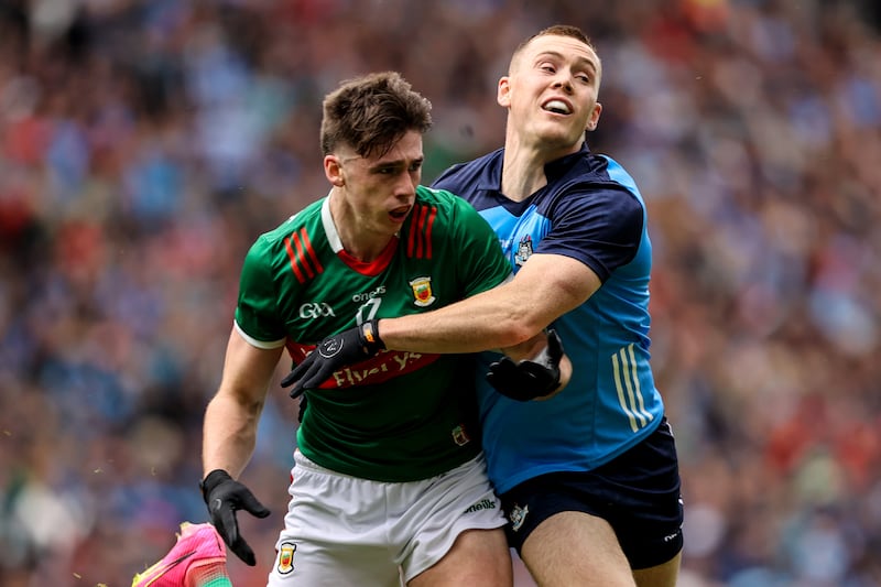 Mayo's Sam Callinan with Con O’Callaghan of Dublin at Croke Park in July 2023. Photograph: Ben Brady/Inpho