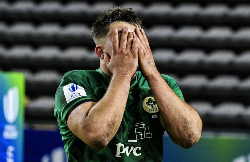 Ireland’s Brian Gleeson shows his disappointment after the defeat to France in the World Rugby Under 20 Championship final at Athlone Stadium, Cape Town. Photograph: Darren Stewart/SteveHaagSports/Inpho 