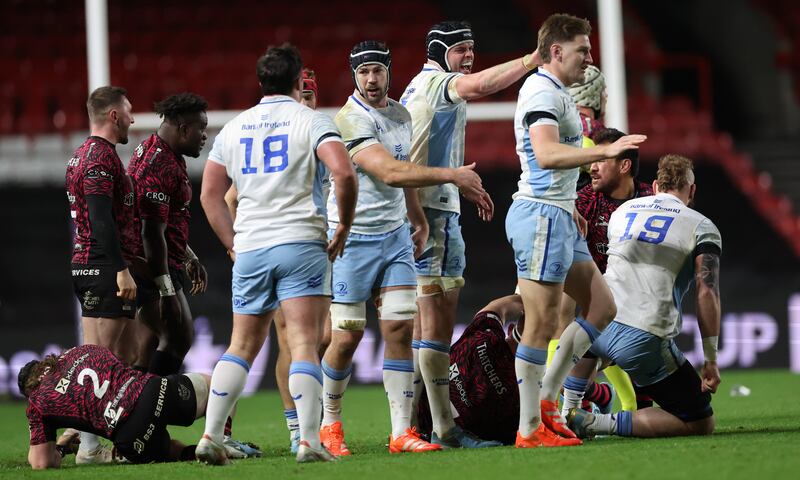 Leinster's Caelan Doris, James Ryan and Jordie Barrett against Bristol Bears in Bristol, England, on December 8th, 2024. Photograph: James Crombie/Inpho