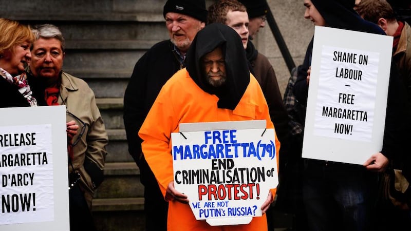 Protesters outside the Department of Justice calling on the government to release peace activist Margaretta D'Arcy. Photograph Brenda Fitzsimons/The Irish Times