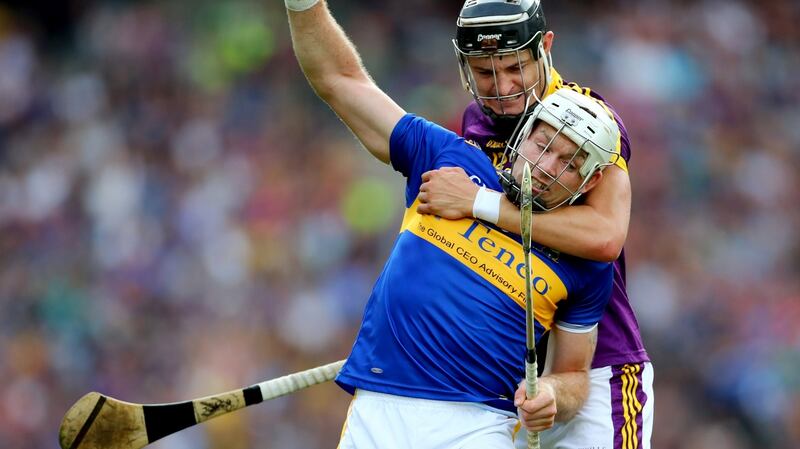 Tipperary’s Pádraic Maher is challenged by  Jack O’Connor of Wexford during the  All-Ireland SHC semi-final at Croke Park. Photograph: James Crombie/Inpho