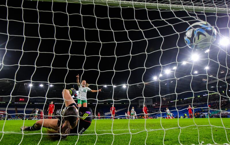 Wales goalkeeper Olivia Clark scored an own goal following a menacing strike from Ireland’s Ruesha Littlejohn. Photograph: Ryan Byrne/Inpho