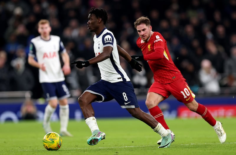 Tottenham Hotspur's Yves Bissouma under pressure from Liverpool's Alexis Mac Allister. Photograph: Julian Finney/Getty Images