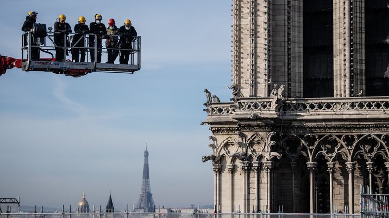 The dismantling of the scaffolding that surrounded the spire of Notre-Dame de Paris before the fire was completed on November 24, 2020. Photograph: Martin Bureau/AFP via Getty