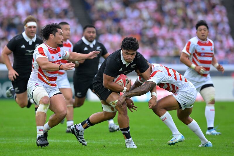 Wallace Sititi of New Zealand charges forward during the Test match against Japan in Yokohama. Photograph: Koki Nagahama/Getty Images