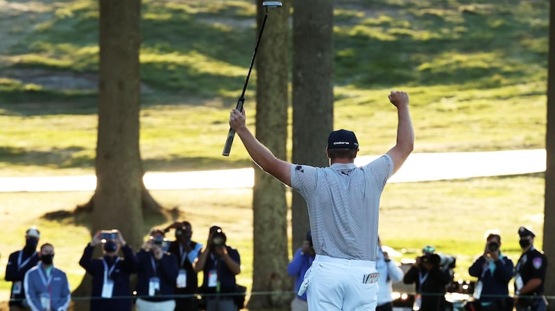 Bryson DeChambeau o celebrates on the 18th green after winning during the  US Open at Winged Foot. Photograph: Gregory Shamus/Getty Images