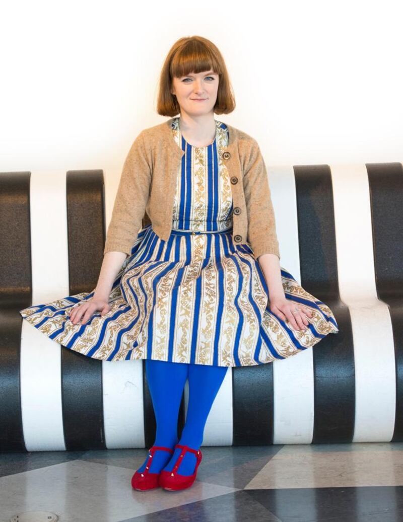 Zoë Coleman wears a 1950s cotton dress with Alfred Shaheen print, tights by Tabio, Mary Janes by Melissa and a second-hand cardigan