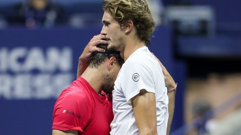 Alexander Zverev congratulates Dominic Thiem after their epic five-set final in New York. Photograph: Matthew Stockman/Getty