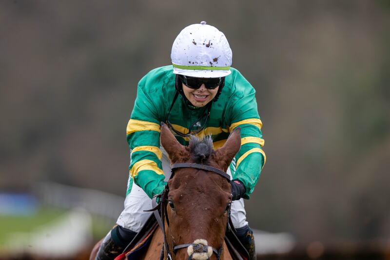 Aine O’Connor riding Hands of Gold to win the Connolly’s Red Mills Irish EBF Ladies Auction Maiden Hurdle in 2023. Photograph: Morgan Treacy/Inpho