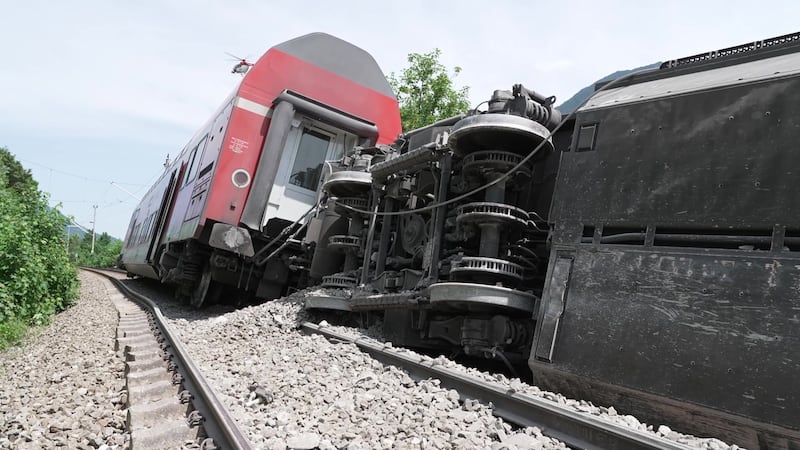 Derailed coaches at the scene of a train accident in Burgrain, near the resort town of Garmisch-Partenkirchen. Photograph: Network Pictures/EPA-EFE