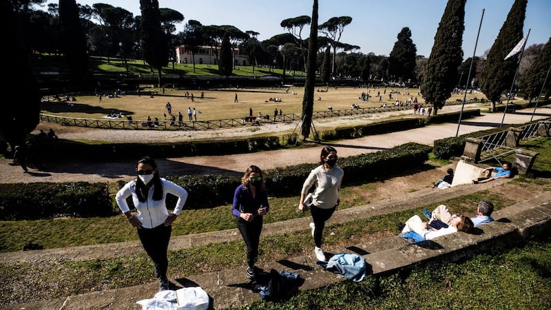 People take exercise in the Villa Borghese park, in Rome, Italy, as  Covid-19 restrictions continue. Photograph: Angelo Carconi/EPA