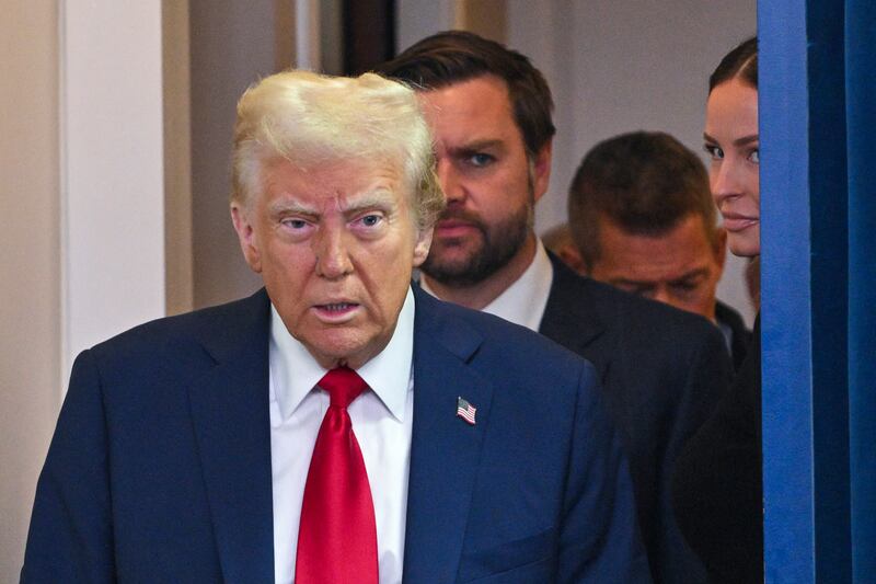 US president Donald Trump arrives at the press briefing room in the White House on Thursday. 
Photograph: Roberto Schmidt/AFP via Getty Images