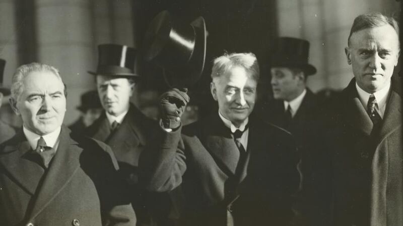 Cheered in Washington DC: WT Cosgrave arrives in the US capital with Ambassador Timothy Smiddy (left) and William Castle jnr, assistant secretary of state. Desmond FitzGerald is behind, on the left. As the party passed through the station concourse an old man pulled off a green cap, threw it in the air and yelled, “Three cheers for President Cosgrave!” Cosgrave raised his hat and, it was reported, the cheers grew in volume