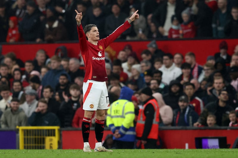 Manchester United's Argentinian Alejandro Garnacho celebrates after scoring a goal. Photograph: Darren Staples/Getty