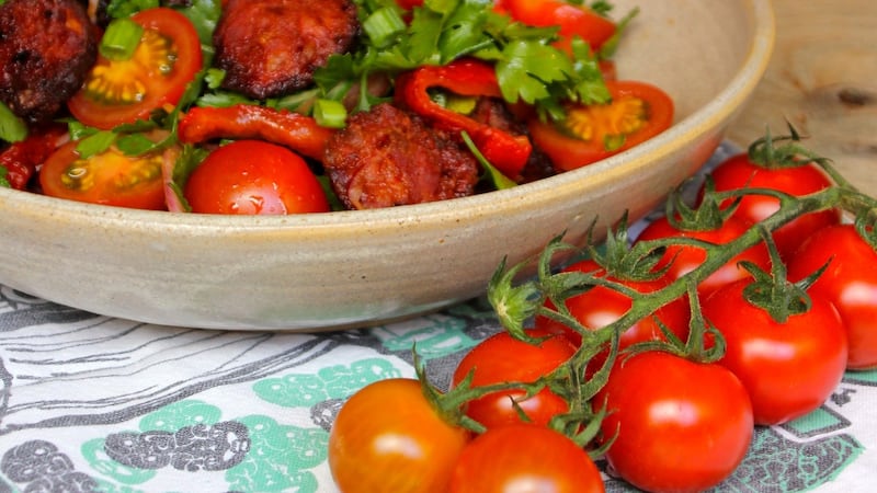 Borlotti beans, roasted pepper, chorizo with cherry tomatoes