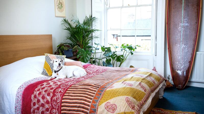 On the bed is Lola, Greene’s dog and her pride and joy. The bedspread is a Dublin Flea find and is made from kantha quilts imported from India. The designers also make cushions and throws. The pieces will be on sale at Christmas Flea.