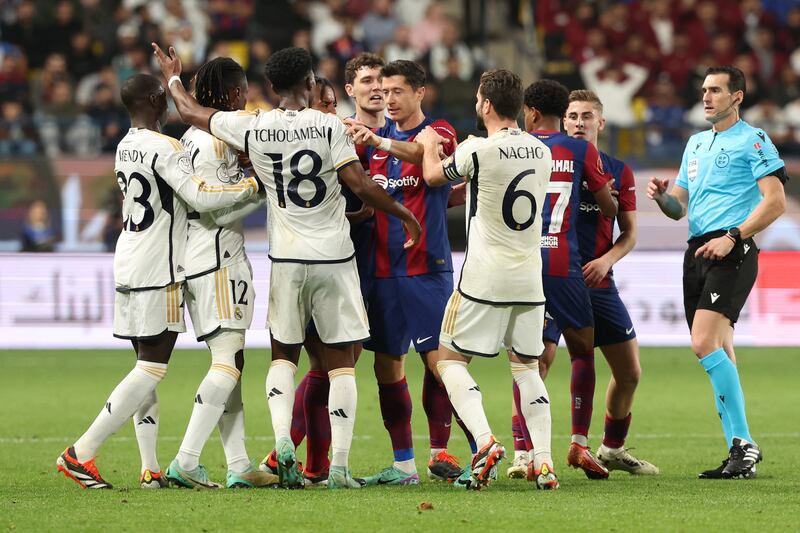 Tempers fray during the Spanish Super Cup final between Barcelona and Real Madrid. Photograph: Giuseppe Cacace / AFP via Getty Images