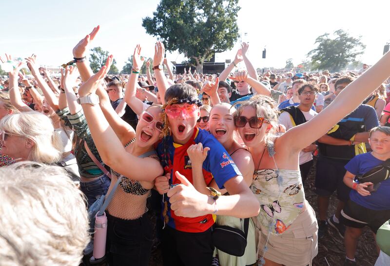 Some of the crowd show their approval at the Rick Astley set at Electric Picnic. Photograph: Alan Betson/The Irish Times

