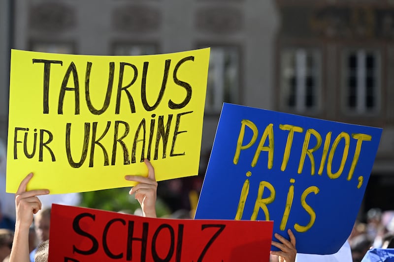 Protesters call on the German govermnet to supply Ukraine with Taurus cruise missiles. Photograph: Christof Stache/AFP via Getty Images