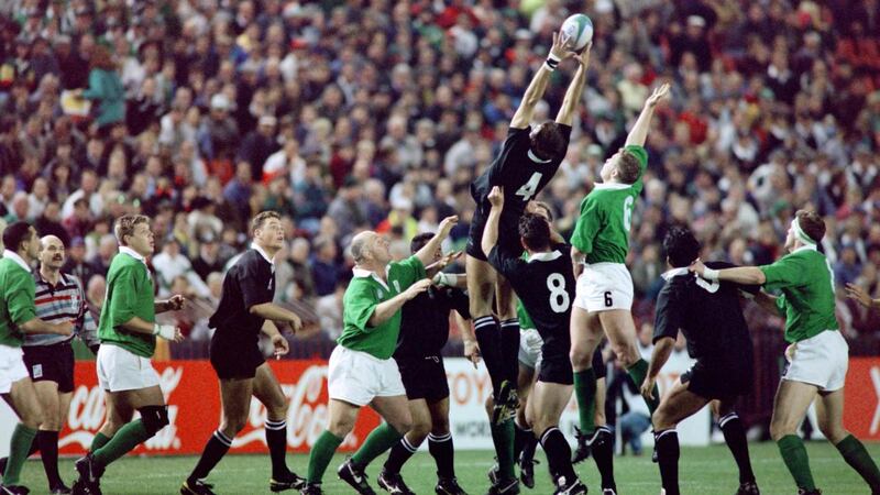 David Corkery at the back of the Irish lineout as New Zealand’s Ian Jones takes the ball. Photograph: Philip Littleton/AFP via Getty Images