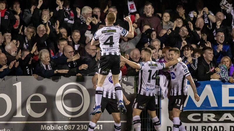 Dundalk’s Michael Duffy celebrates scoring his side’s third goal against Shamrock Rovers at Oriel Park in September. Photograph: Morgan Treacy/Inpho