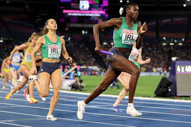 Rhasidat Adeleke after team-mate Sophie Becker handed her the baton in the women's 4x400m relay. Photograph: Morgan Treacy/Inpho