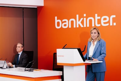 Bankinter chief executive Gloria Ortiz presents the bank's trading results last October. Photograph: Carlos Lujan/Getty