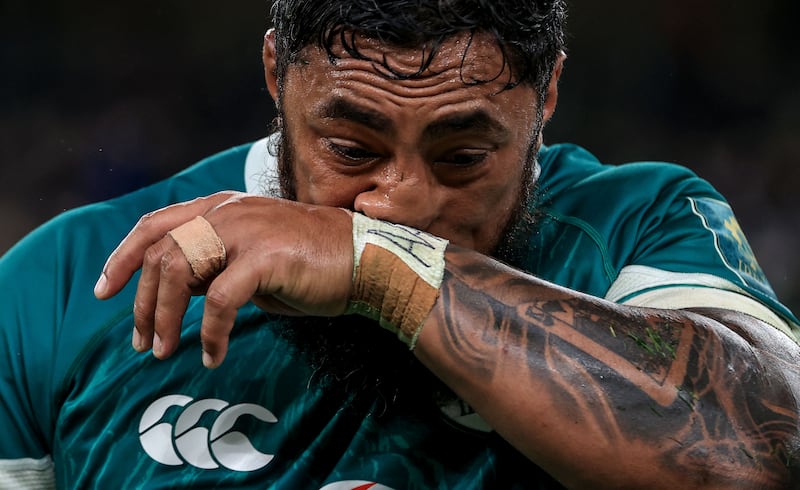 Ireland’s Bundee Aki dejected after their Autumn Nations Series defeat to New Zealand last weekend. Photograph: Dan Sheridan/Inpho