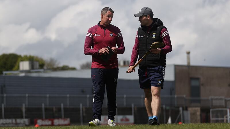 Westmeath’s Ciaran Doyle talks to his manager Shane O’Brien before Saturday’s match against Galway in Mullingar. Photograph: James Crombie/Inpho