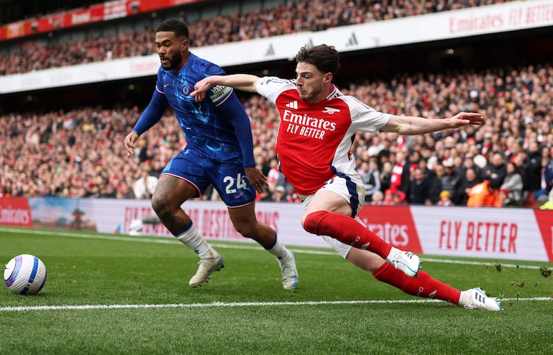 Declan Rice of Arsenal battles for possession with Chelsea's Reece James. Photograph: Julian Finney/Getty Images