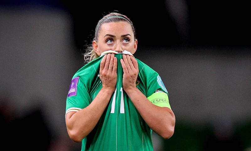 Ireland’s Katie McCabe dejected after defeat to Wales in Dublin. Photograph: Ryan Byrne/Inpho