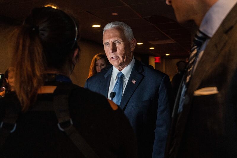 Former US vice-president Mike Pence speaks to reporters at The New York Times DealBook Summit 2022 at Jazz At Lincoln Center, in Manhattan on November 30th, 2022. Photograph: Hiroko Masuike/The New York Times