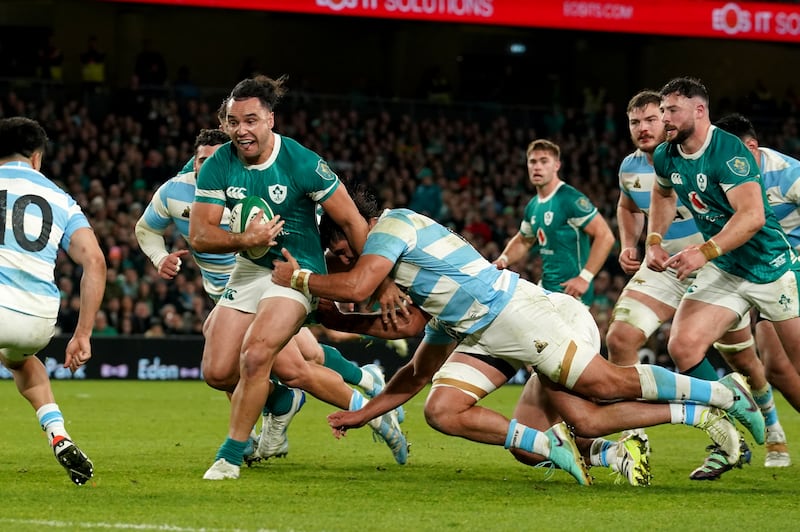 Ireland's James Lowe runs at the Argentina defence during the game at the Aviva Stadium. Photograph: Brian Lawless/PA Wire