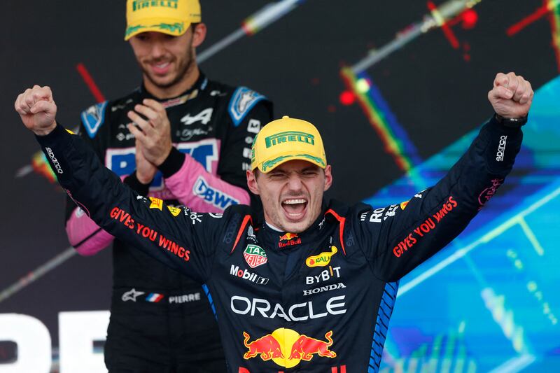 Red Bull Racing's Dutch driver Max Verstappen celebrates at the podium after winning the Formula One Sao Paulo Grand Prix. Photograph: Miguel Schincariol/AFP via Getty