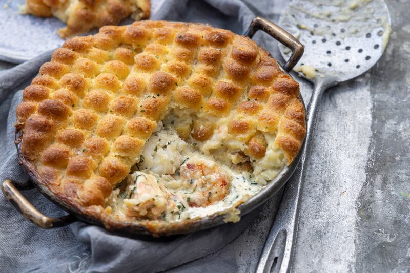 Classic fish pie with pomme duchess topping. Photograph: Harry Weir 
