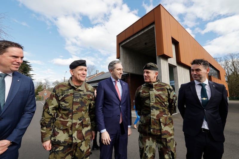 Defence Forces chief of staff Lieut Gen Seán Clancy, Tánaiste Simon Harris and Cadet School commandant Lieut Col Eugene Cooke. Photograph: Alan Betson