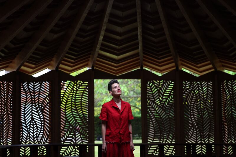 French-Lebanese architect Lina Ghotmeh poses inside The Serpentine Pavilion. Photograph: Adrian Dennis/AFP via Getty Images