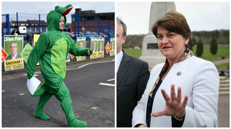 DUP leader Arlene Foster (right) and a Sinn Féin supporter dressed as a crocodile. Ms Foster has said she regrets using the term crocodiles to describe Sinn Féin. Photographs: Paul Faith/AFP/Getty and Niall Carson/PA Wire.