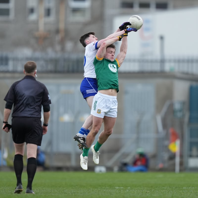 Stephen O`Hanlon of Monaghan contests a kick-out with Meath's Seán Ryan. Photograph: James Lawlor/Inpho