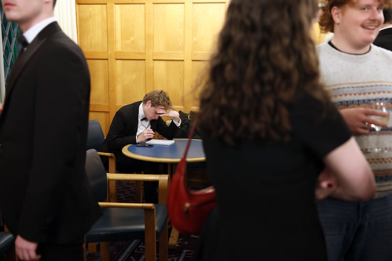 Last-minute changes before the Irish Times Debate in the Elmwood Hall at Queen's University, Belfast. Photograph: Stephen Davison/Pacemaker