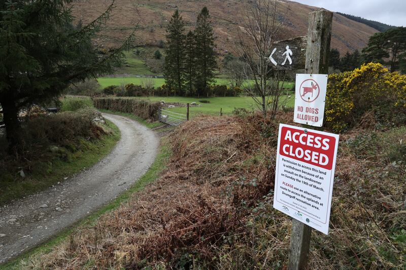 A sign announcing that the Zig Zag walking trail through farmer Pat Dunne's land is now closed following an incident where a hiker attacked the farmer. Photograph: Nick Bradshaw