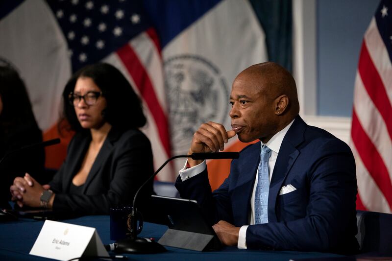 New York City Mayor Eric Adams at a press conference last month at City Hall in New York. Photograph: Kirsten Luce/New York Times
                      