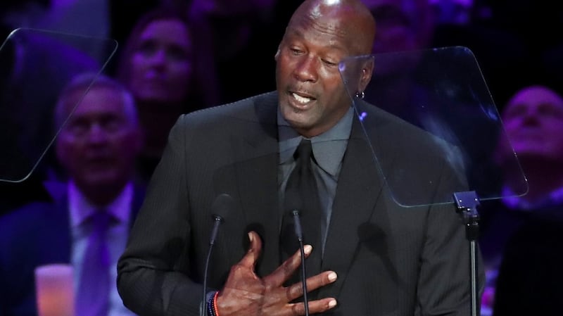 Former basketball player Michael Jordan speaks during a public memorial at the Staples Center in Los Angeles for  Kobe Bryant, his daughter Gianna and seven others killed in a helicopter crash on January 26th. Photograph: Lucy Nicholson/Reuters.