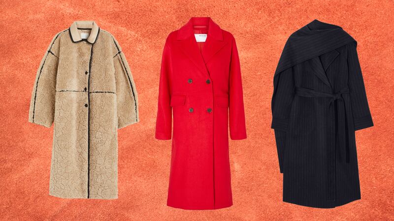 Longline teddy coat, €89.99, H&M; Double breasted red coat, €229 Selected Femme; Pinstripe coat with detachable scarf, €275, Cos.