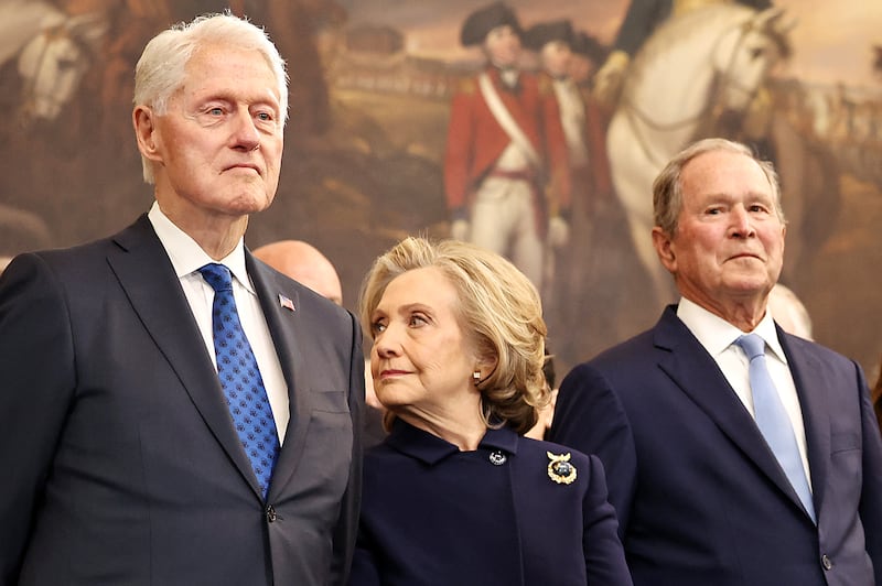 Former US president Bill Clinton, former US secretary of state Hillary Clinton and former US president George W Bush attend  Donald Trump's inauguration. Photograph: Chip Somodevilla/AFP via Getty Images