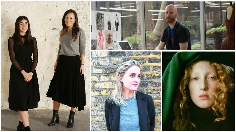 Fashion: (clockwise from left) Designers Aideen Gaynor and JJ Donnelly; designer Michael Stewart; model Lorna Foran; make-up artist Niamh Quinn. Photograph of Lorna Foran by Emily Soto