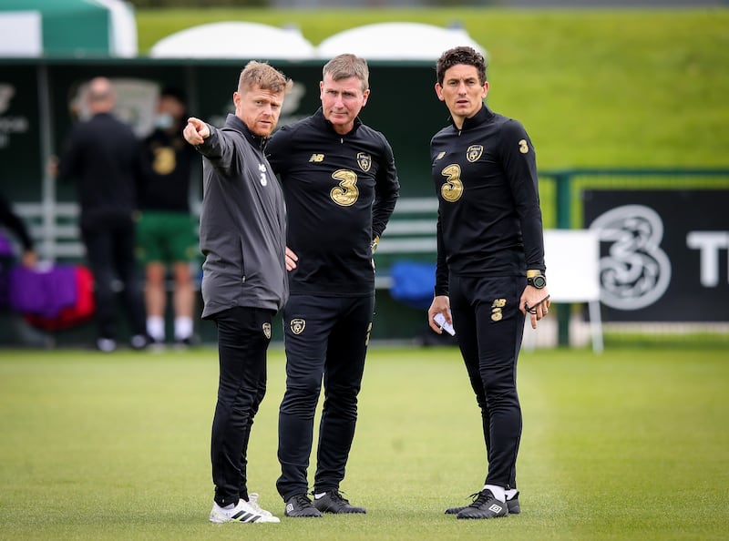 Then-Republic of Ireland manager Stephen Kenny (centre) with assistant coaches Damien Duff and Keith Andrews at a squad training session in Abbotstown in September 2020. Photograph: Ryan Byrne/Inpho